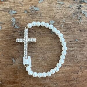 Elegant Pearl and Rhinestone Gold Cross Bracelet ~ Stretch, Easy On/Off
